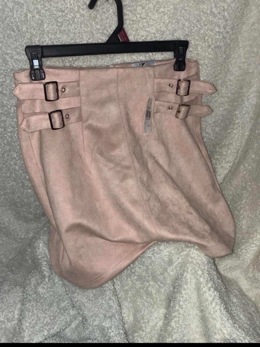iris Blush Pink Faux-Suede Mini Skirt with Buckle Straps